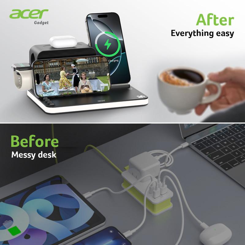 7 in 1 Wireless Charging Station, MagSafe Dual Phone Charger with Night Light, Bluetooth Timesync for iPhone 17 16 15 14 13 12 Series & AirPods & iWatch & Android Phone, Black USB Electronic Smartphone Cellphone Wireless Clock Charger Dealsforyoudays