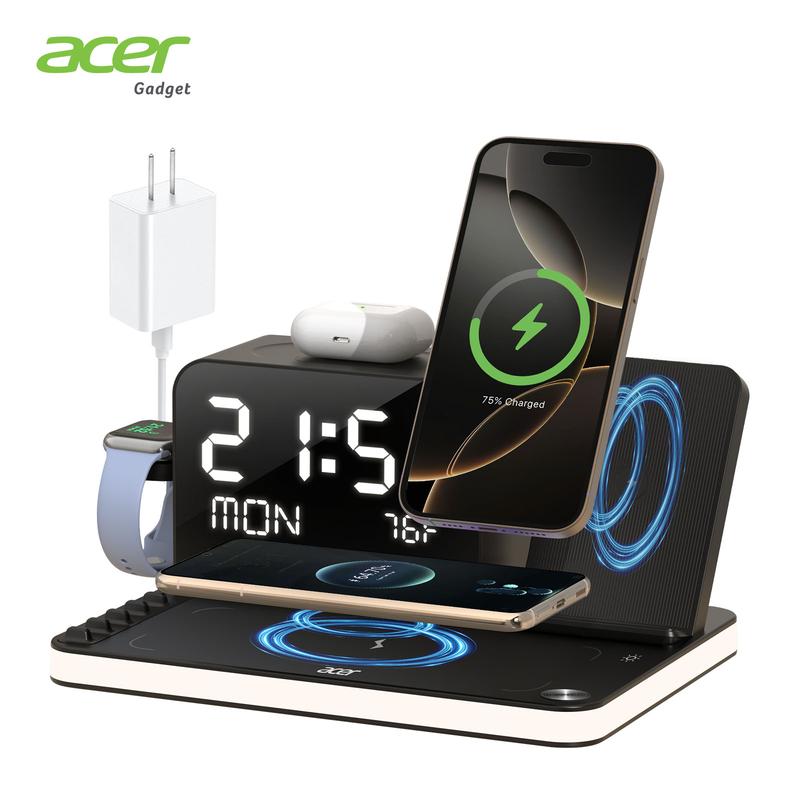 7 in 1 Wireless Charging Station, MagSafe Dual Phone Charger with Night Light, Bluetooth Timesync for iPhone 17 16 15 14 13 12 Series & AirPods & iWatch & Android Phone, Black USB Electronic Smartphone Cellphone Wireless Clock Charger Dealsforyoudays