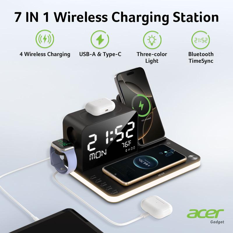 7 in 1 Wireless Charging Station, MagSafe Dual Phone Charger with Night Light, Bluetooth Timesync for iPhone 17 16 15 14 13 12 Series & AirPods & iWatch & Android Phone, Black USB Electronic Smartphone Cellphone Wireless Clock Charger Dealsforyoudays