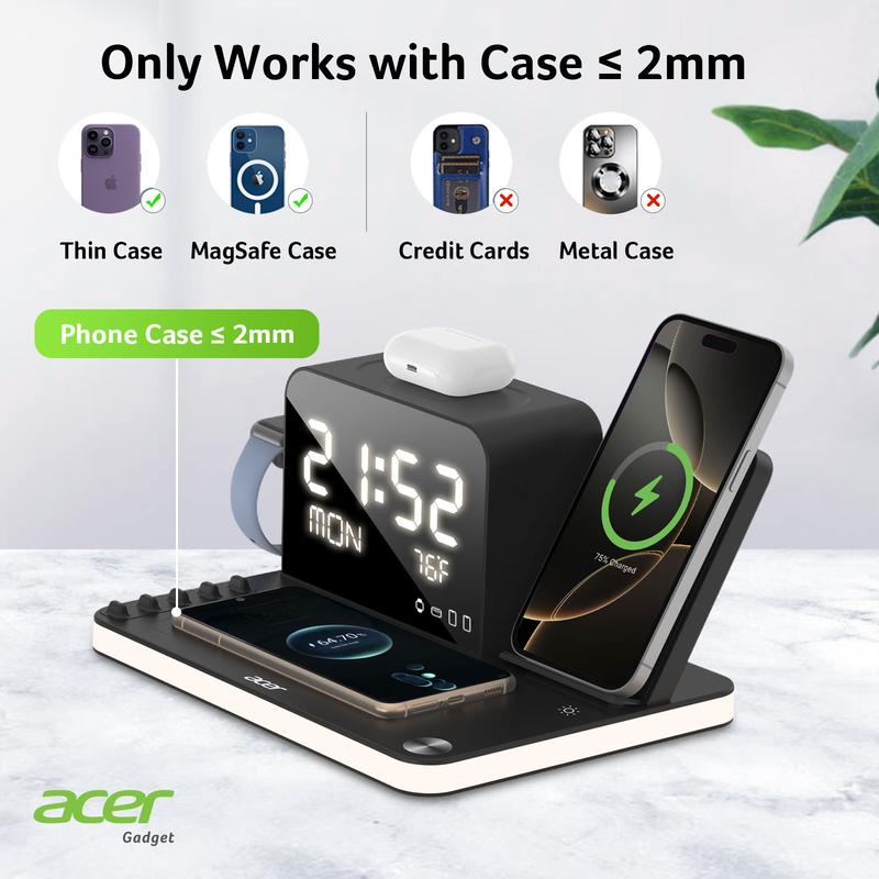 7 in 1 Wireless Charging Station, MagSafe Dual Phone Charger with Night Light, Bluetooth Timesync for iPhone 17 16 15 14 13 12 Series & AirPods & iWatch & Android Phone, Black USB Electronic Smartphone Cellphone Wireless Clock Charger Dealsforyoudays