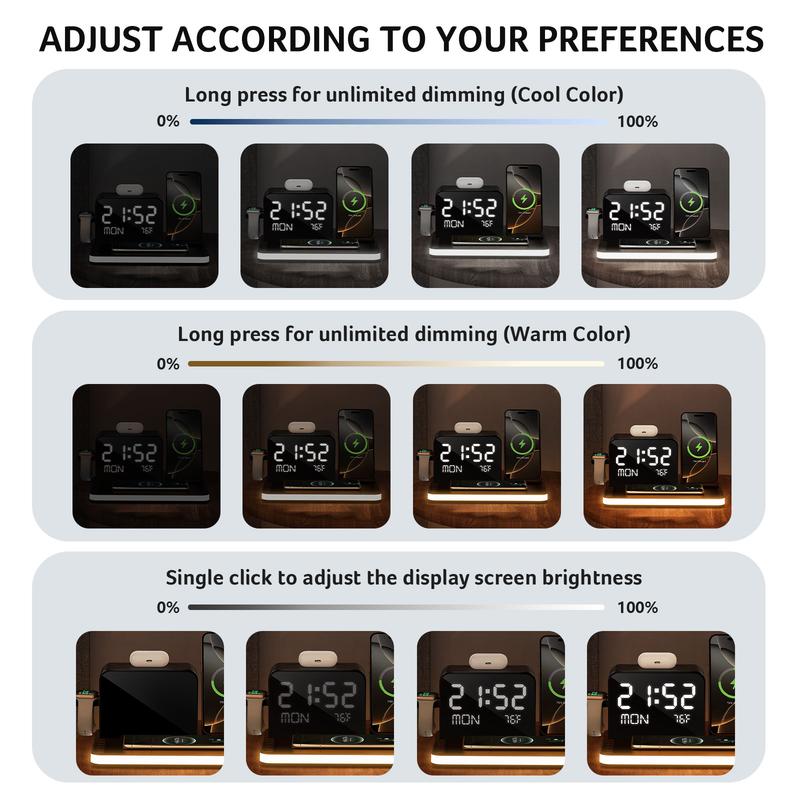 7 in 1 Wireless Charging Station, MagSafe Dual Phone Charger with Night Light, Bluetooth Timesync for iPhone 17 16 15 14 13 12 Series & AirPods & iWatch & Android Phone, Black USB Electronic Smartphone Cellphone Wireless Clock Charger Dealsforyoudays