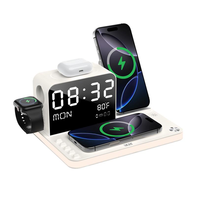 7 in 1 Wireless Charging Station, MagSafe Dual Phone Charger with Night Light, Bluetooth Timesync for iPhone 17 16 15 14 13 12 Series & AirPods & iWatch & Android Phone, Black USB Electronic Smartphone Cellphone Wireless Clock Charger Dealsforyoudays