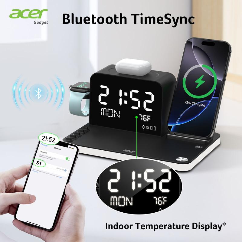 7 in 1 Wireless Charging Station, MagSafe Dual Phone Charger with Night Light, Bluetooth Timesync for iPhone 17 16 15 14 13 12 Series & AirPods & iWatch & Android Phone, Black USB Electronic Smartphone Cellphone Wireless Clock Charger Dealsforyoudays