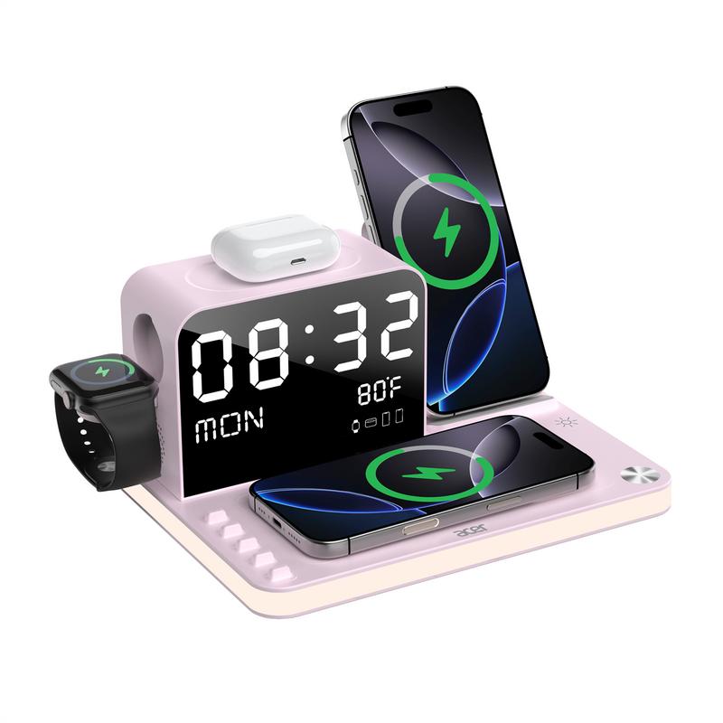 7 in 1 Wireless Charging Station, MagSafe Dual Phone Charger with Night Light, Bluetooth Timesync for iPhone 17 16 15 14 13 12 Series & AirPods & iWatch & Android Phone, Black USB Electronic Smartphone Cellphone Wireless Clock Charger Dealsforyoudays