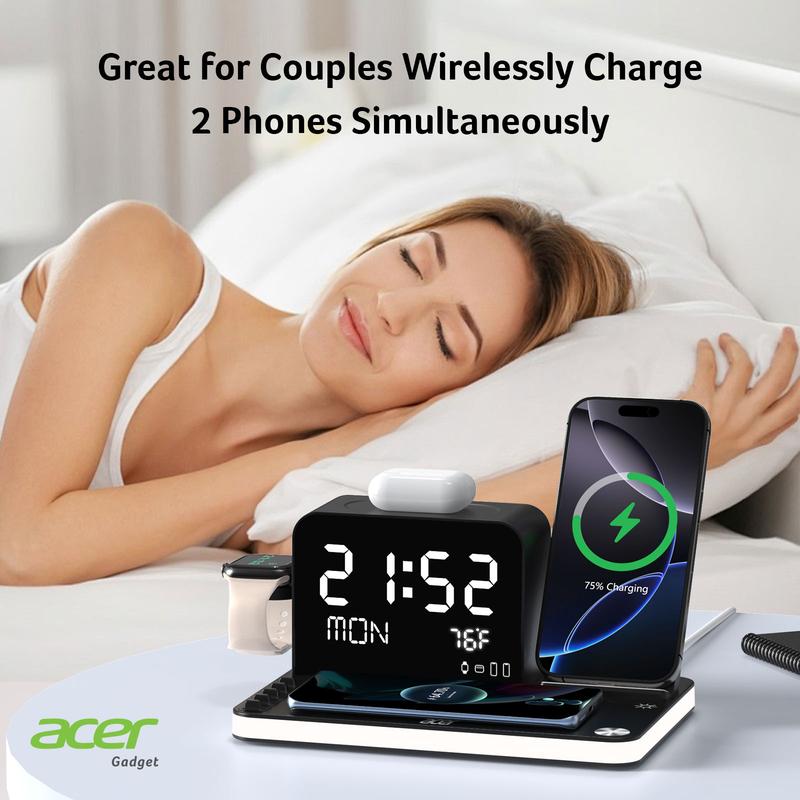 7 in 1 Wireless Charging Station, MagSafe Dual Phone Charger with Night Light, Bluetooth Timesync for iPhone 17 16 15 14 13 12 Series & AirPods & iWatch & Android Phone, Black USB Electronic Smartphone Cellphone Wireless Clock Charger Dealsforyoudays