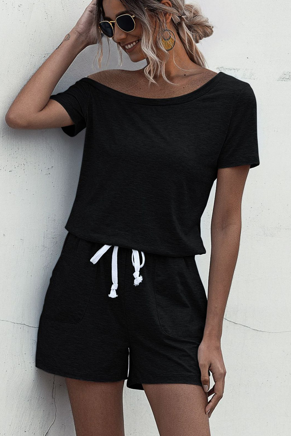Skew Neck Drawstring Waist Black Rompers