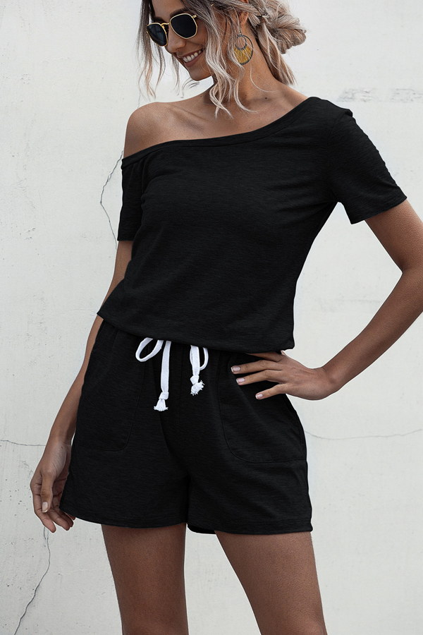 Skew Neck Drawstring Waist Black Rompers