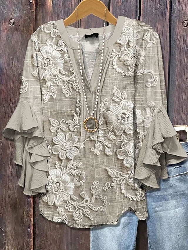 Women's vintage blouse-style multi-layer ruffled top with 3D printed vintage floral pattern, 3/4 length sleeves