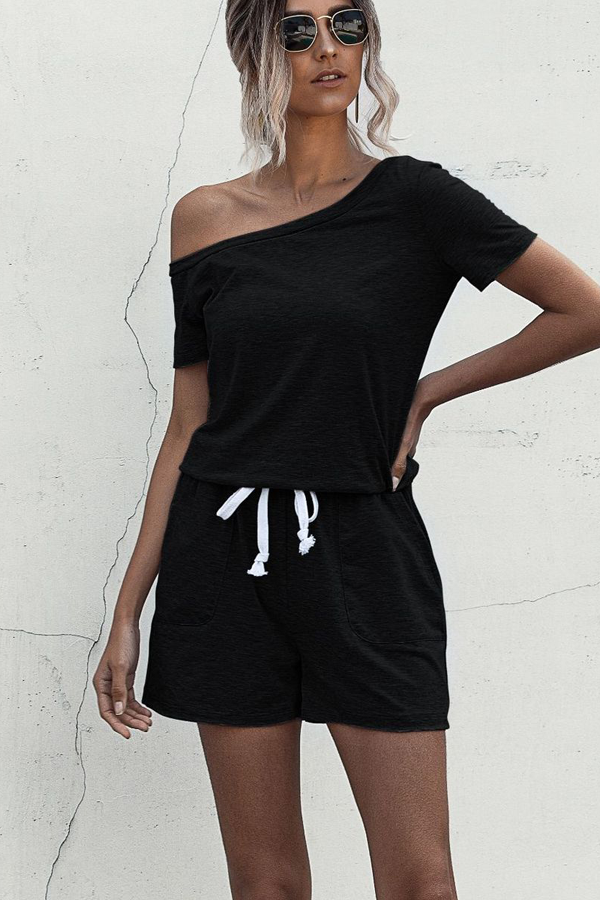 Skew Neck Drawstring Waist Black Rompers