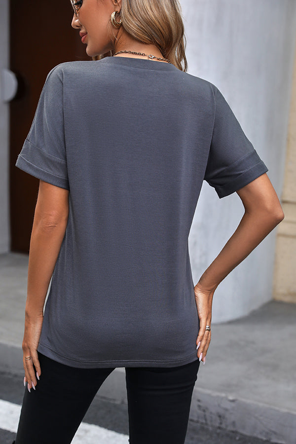 V Neck Short Sleeve Solid Casual Tops