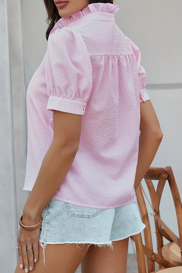 Button Stringy Selvedge Short Sleeve Casual Tops