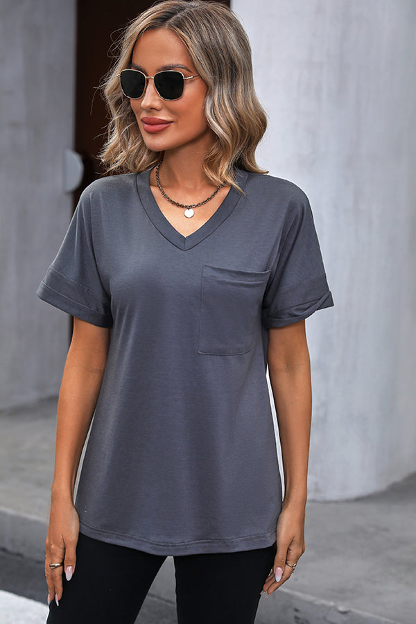 V Neck Short Sleeve Solid Casual Tops