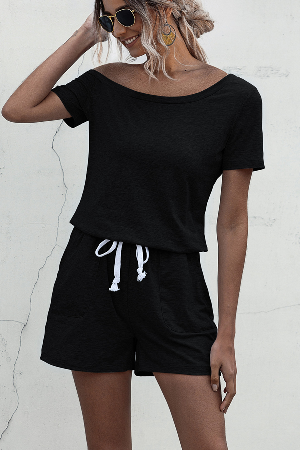 Skew Neck Drawstring Waist Black Rompers