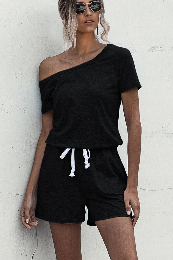 Skew Neck Drawstring Waist Black Rompers