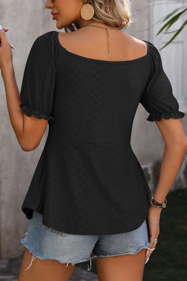 Puff Sleeve Drawstring Solid Black Casual Tops