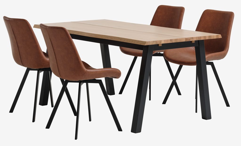 SKOVLUNDE L160 table natural oak+4 HYGUM chairs cognac