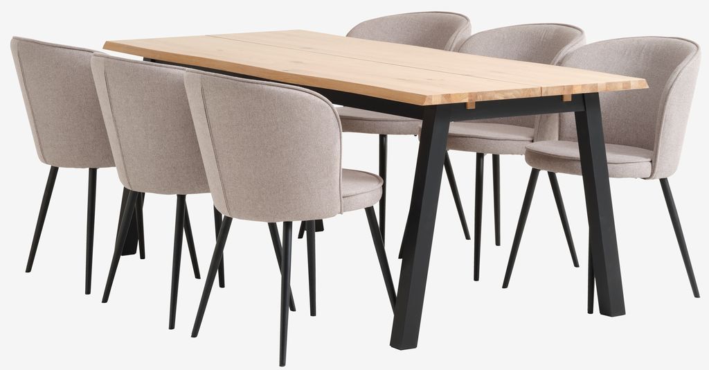 SKOVLUNDE L200 table natural oak + 4 RISSKOV chair l.grey