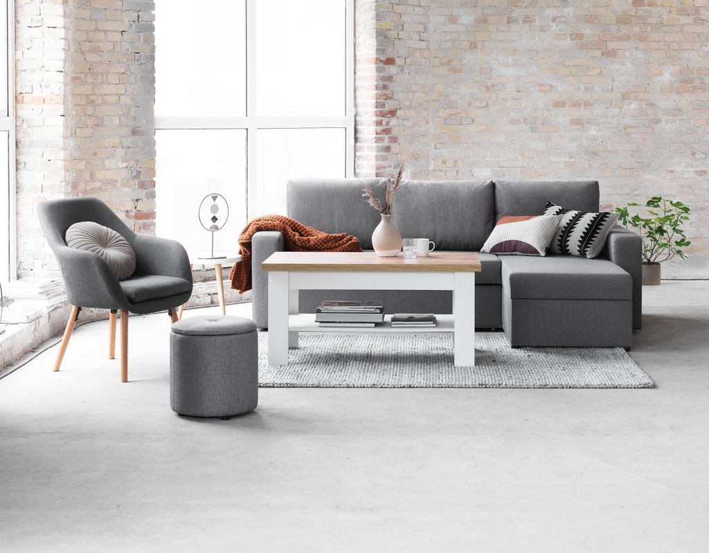 Armchair UDSBJERG grey fabric/oak