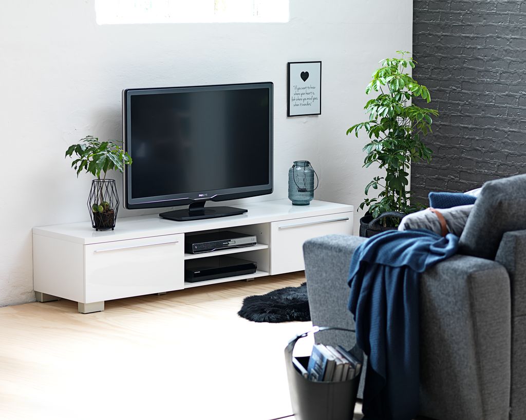 TV bench AAKIRKEBY 2 drawers 1 shelf white high gloss