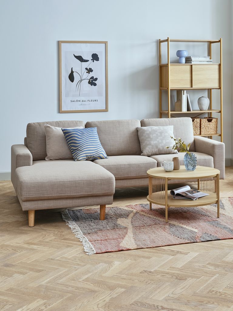 Sofa EGENSE chaise longue sand fabric/oak colour