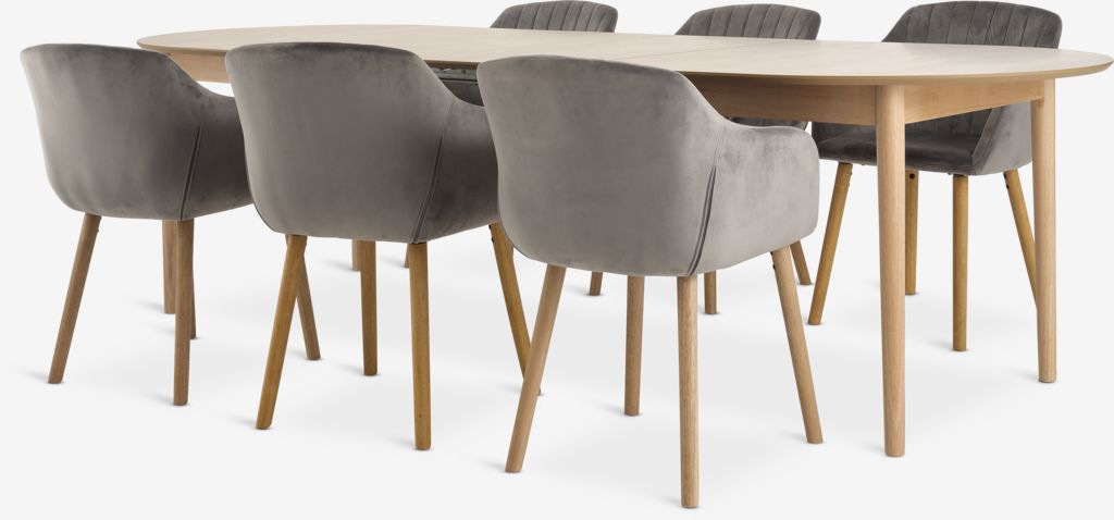 MARSTRAND L200/280 table oak + 4 ADSLEV chairs grey velvet