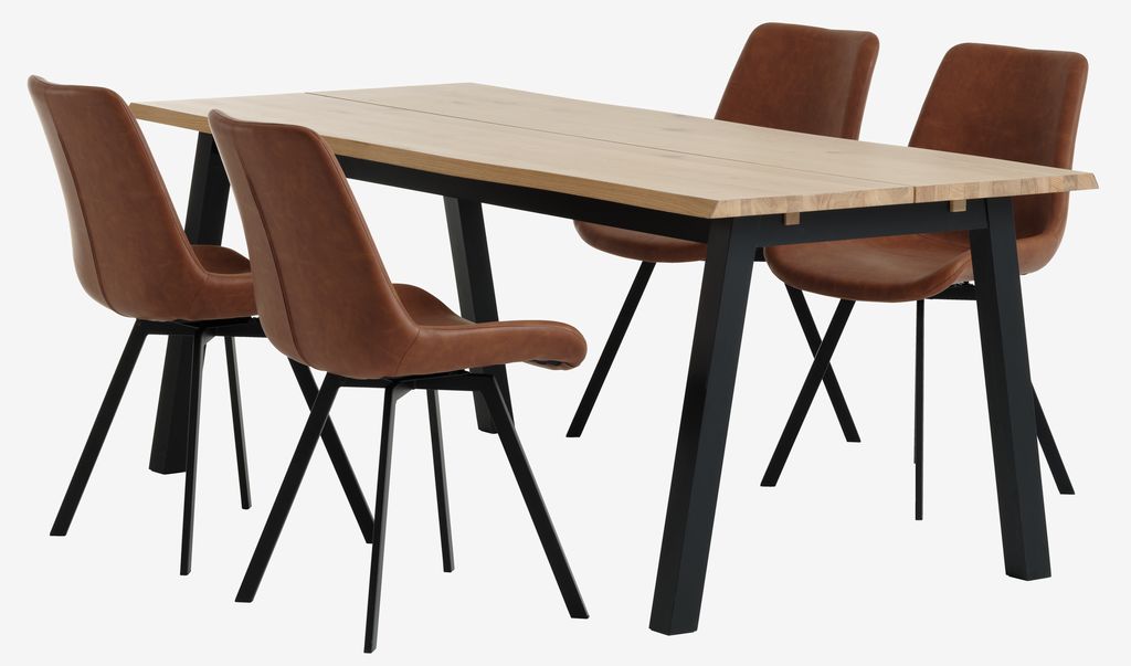 SKOVLUNDE L200 table natural oak+4 HYGUM chairs cognac