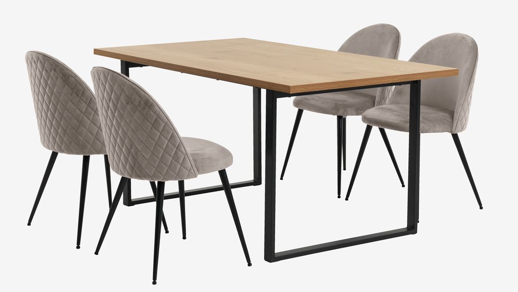 AABENRAA L160 table oak + 4 KOKKEDAL chairs grey velvet