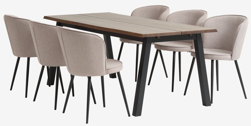 SKOVLUNDE L200 table dark oak + 4 RISSKOV chairs l.grey