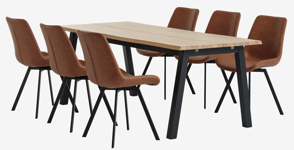 SKOVLUNDE L200 table natural oak+4 HYGUM chairs cognac