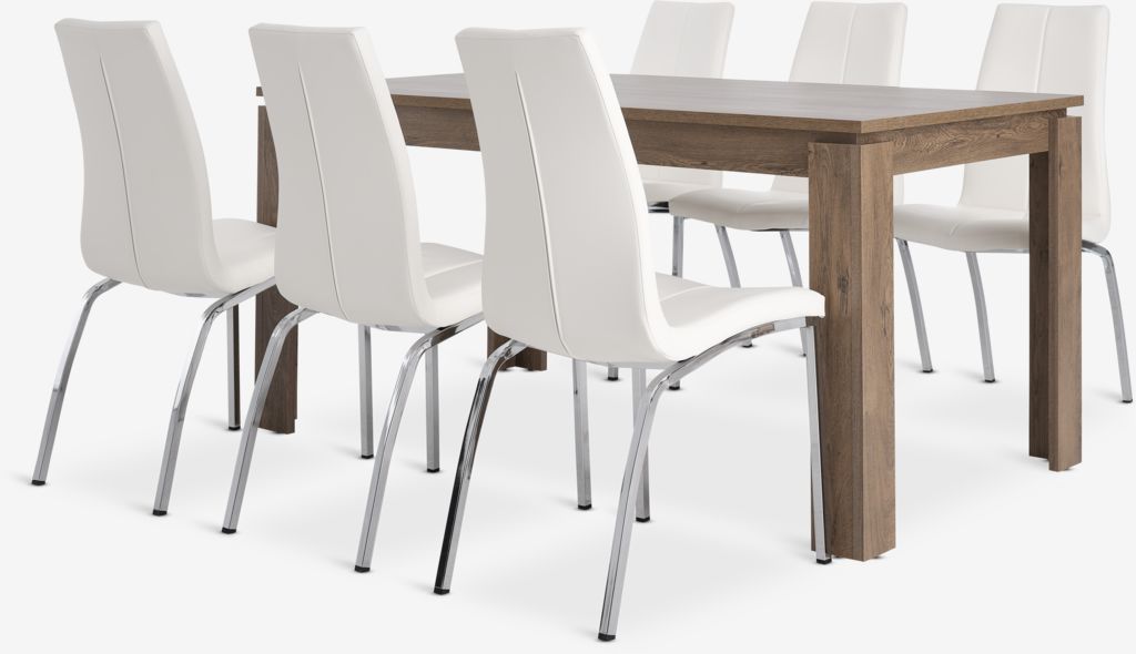 VEDDE L160 table wild oak + 4 HAVNDAL white/chrome