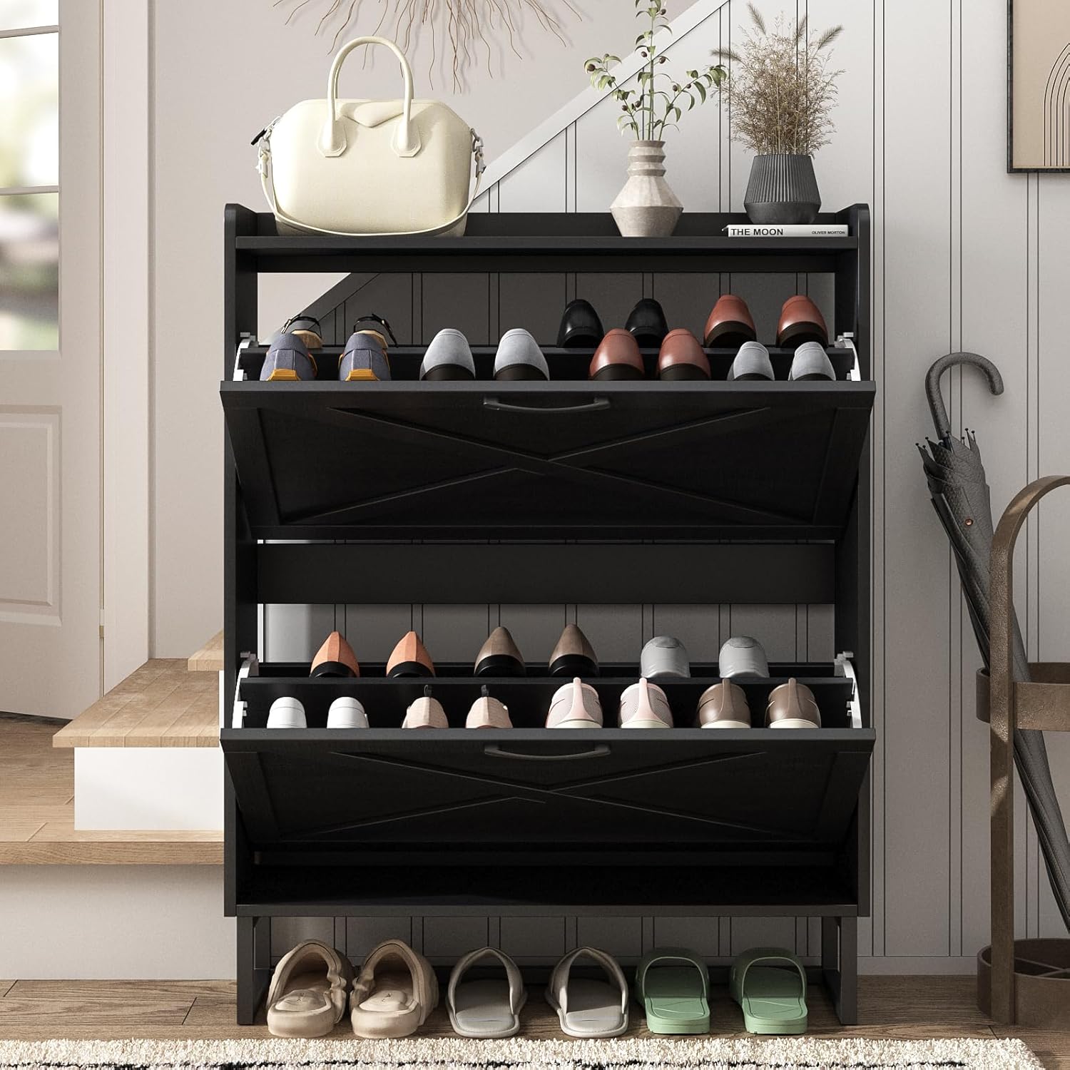 The Mauvit shoe cabinet has 2 flip-up drawers, an independent storage rack with metal legs, and a narrow entrance shoe rack cabinet.