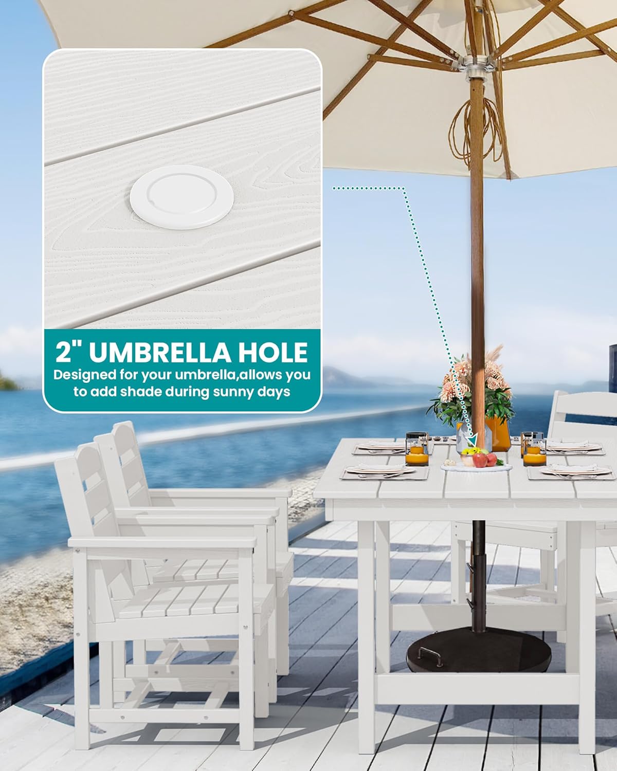 SERWALL 7-piece outdoor patio dining set, outdoor HDPE dining furniture set with umbrella holes and a hollow tabletop and 6 chairs
