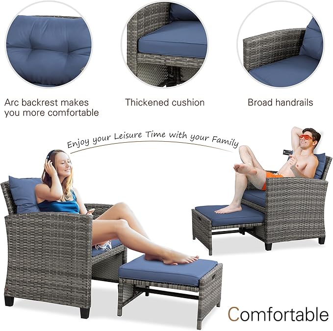 Vongrasig 5-piece garden furniture set, small balcony furniture, 2-piece PE wicker garden chairs, outdoor lounge chair with cushion ottoman and glass table suitable for porch and garden.