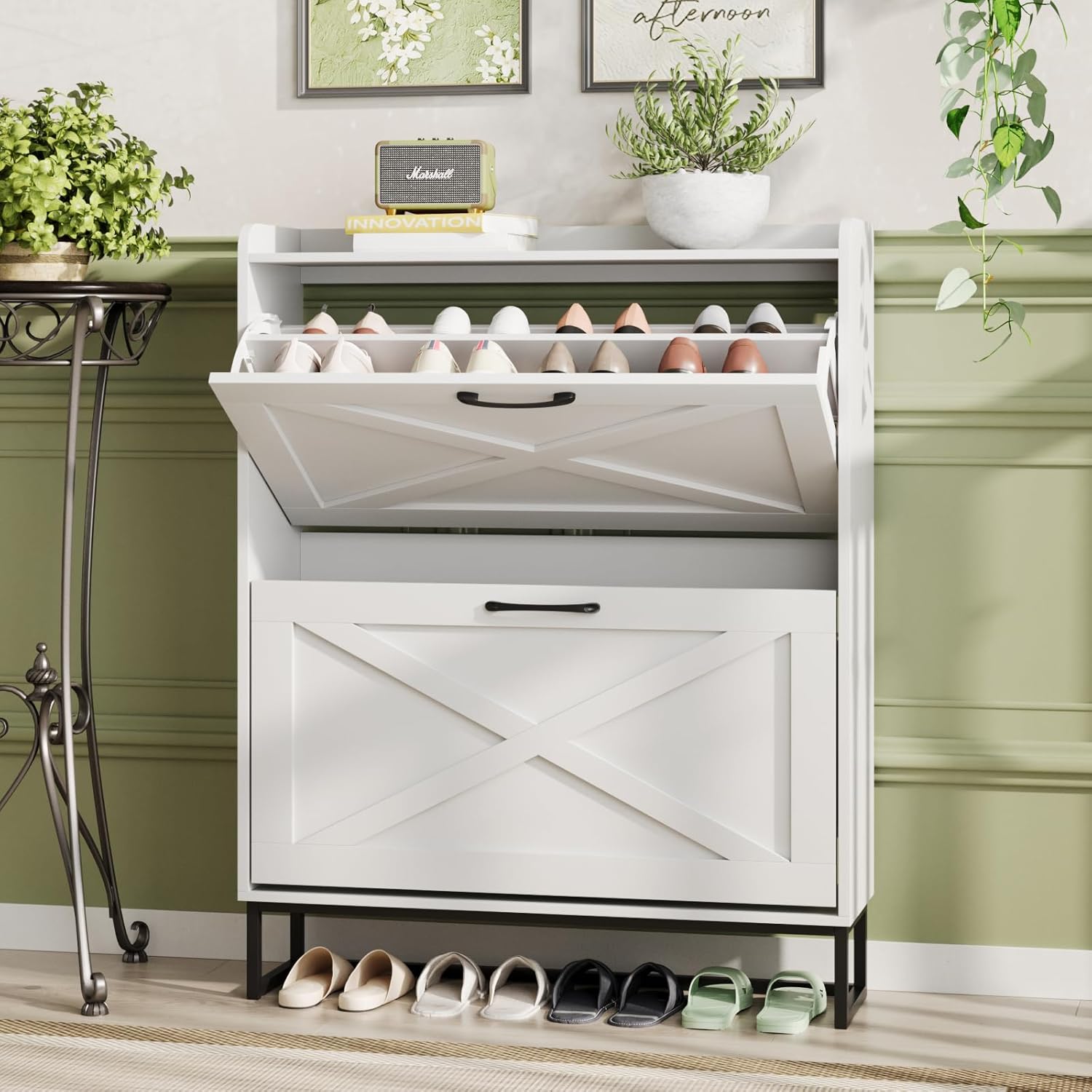 The Mauvit shoe cabinet has 2 flip-up drawers, an independent storage rack with metal legs, and a narrow entrance shoe rack cabinet.