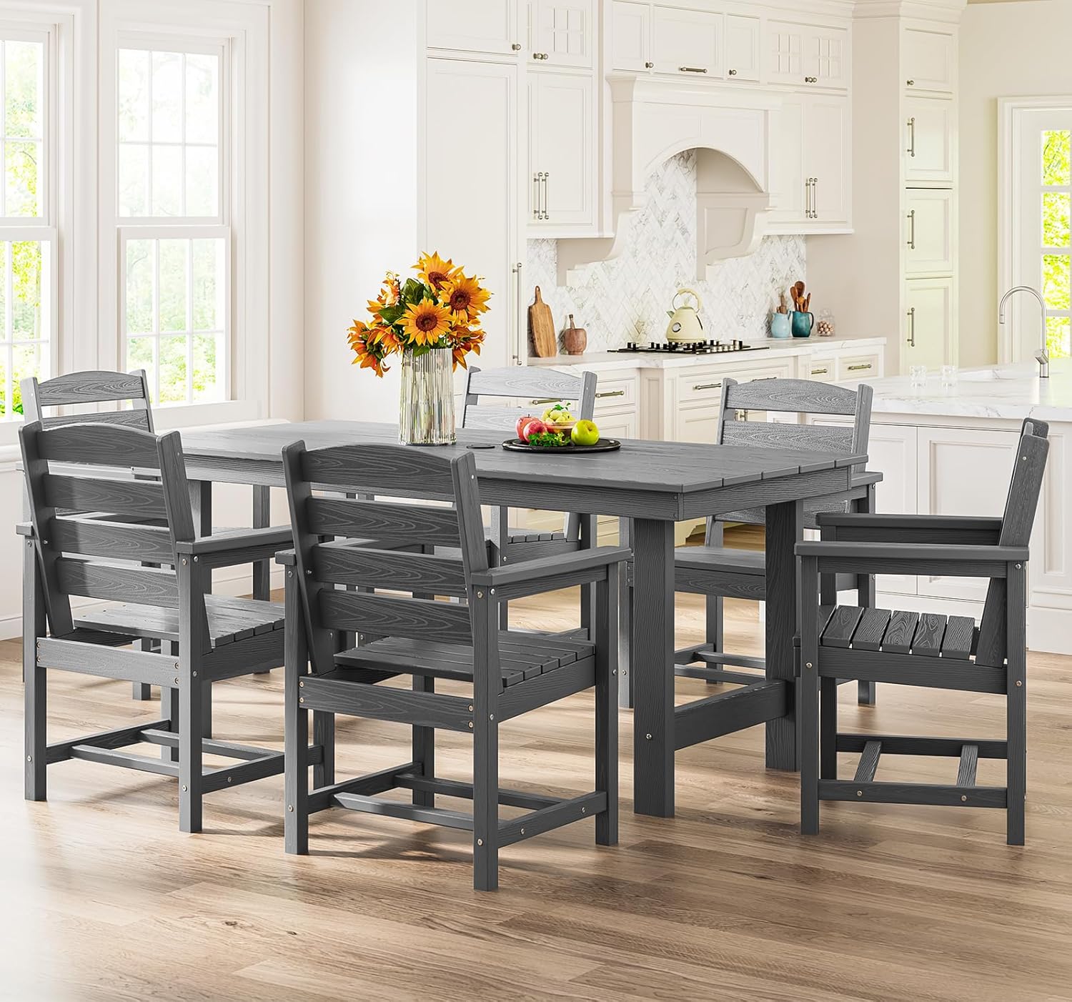 SERWALL 7-piece outdoor patio dining set, outdoor HDPE dining furniture set with umbrella holes and a hollow tabletop and 6 chairs