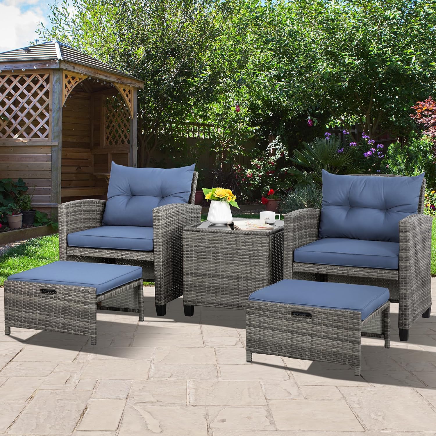 Vongrasig 5-piece garden furniture set, small balcony furniture, 2-piece PE wicker garden chairs, outdoor lounge chair with cushion ottoman and glass table suitable for porch and garden.