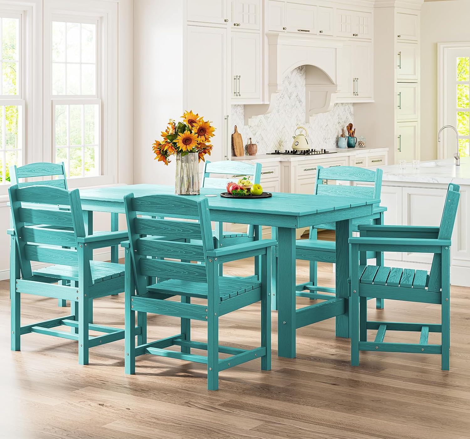 SERWALL 7-piece outdoor patio dining set, outdoor HDPE dining furniture set with umbrella holes and a hollow tabletop and 6 chairs