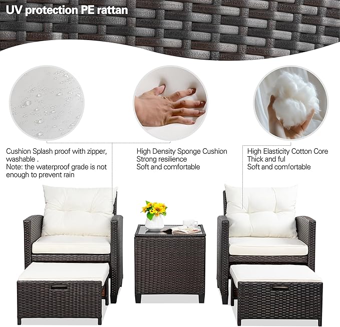 Vongrasig 5-piece garden furniture set, small balcony furniture, 2-piece PE wicker garden chairs, outdoor lounge chair with cushion ottoman and glass table suitable for porch and garden.