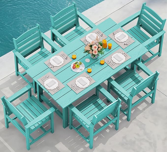 SERWALL 7-piece outdoor patio dining set, outdoor HDPE dining furniture set with umbrella holes and a hollow tabletop and 6 chairs