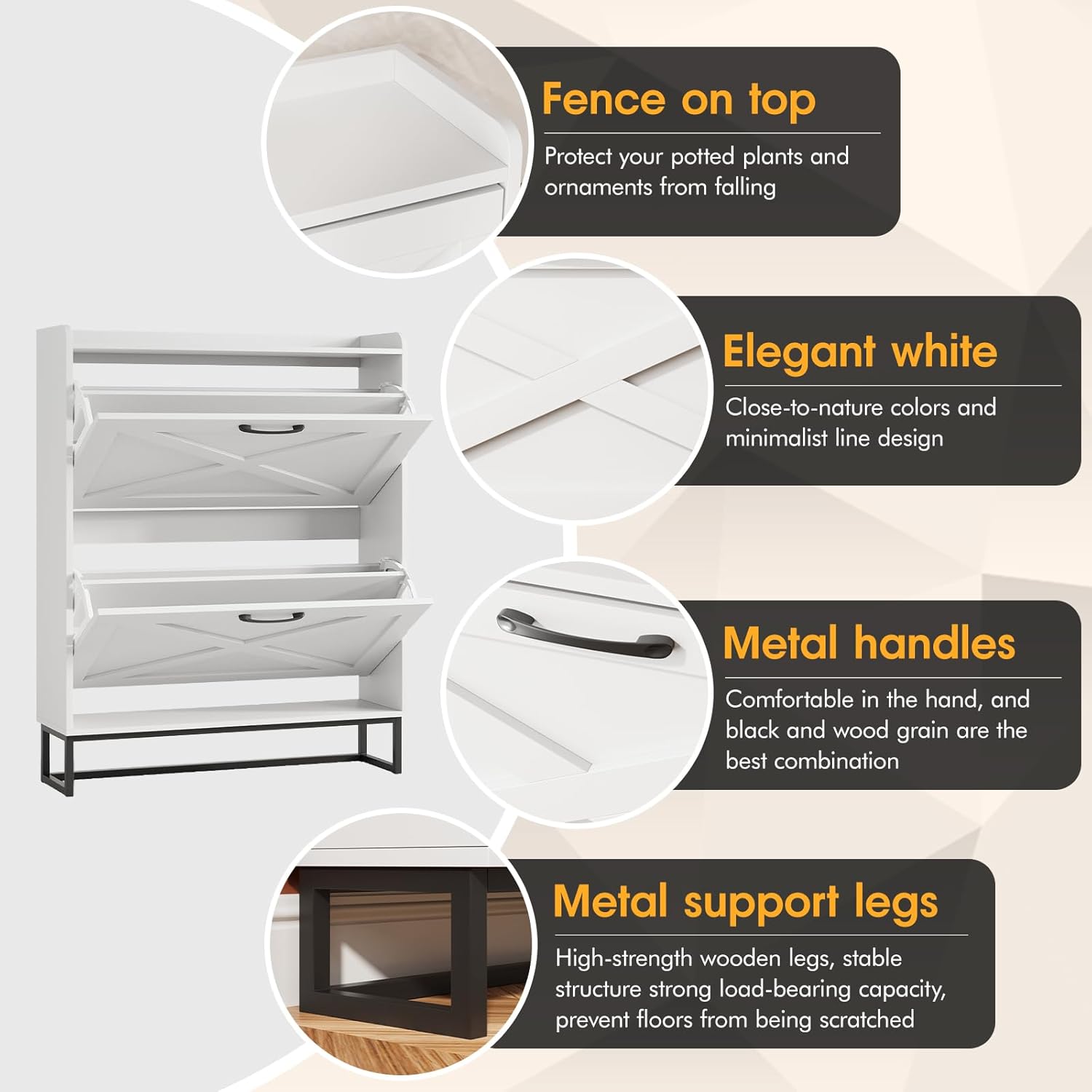 The Mauvit shoe cabinet has 2 flip-up drawers, an independent storage rack with metal legs, and a narrow entrance shoe rack cabinet.