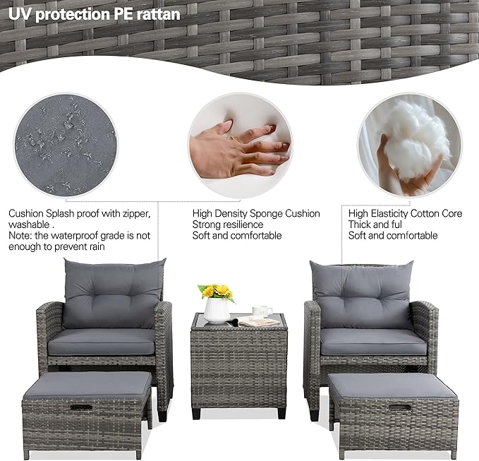 Vongrasig 5-piece garden furniture set, small balcony furniture, 2-piece PE wicker garden chairs, outdoor lounge chair with cushion ottoman and glass table suitable for porch and garden.