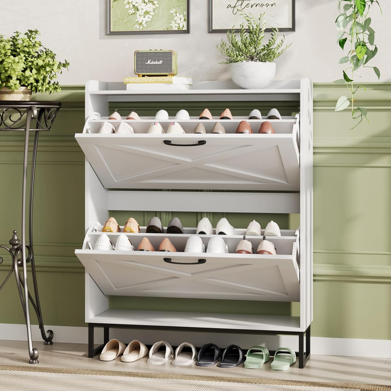 The Mauvit shoe cabinet has 2 flip-up drawers, an independent storage rack with metal legs, and a narrow entrance shoe rack cabinet.