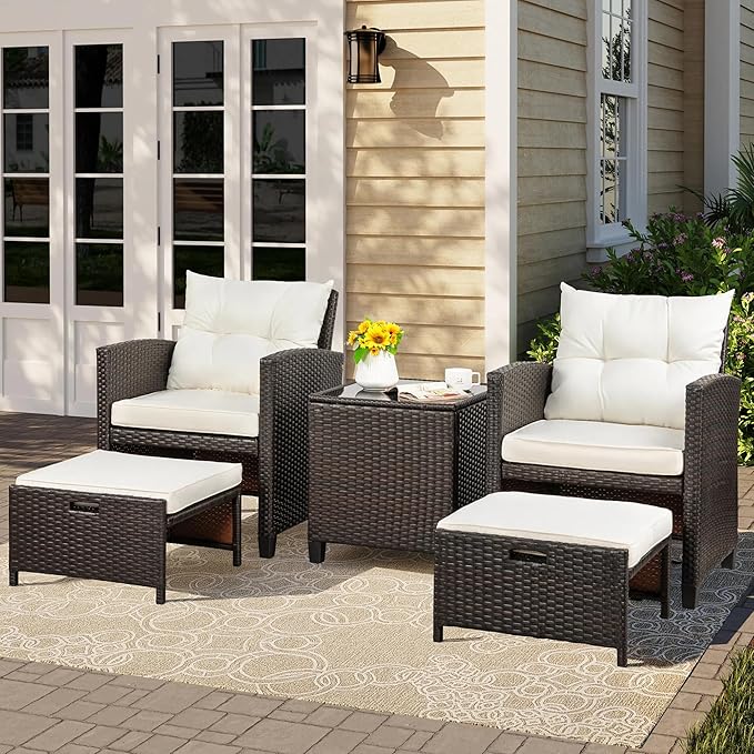 Vongrasig 5-piece garden furniture set, small balcony furniture, 2-piece PE wicker garden chairs, outdoor lounge chair with cushion ottoman and glass table suitable for porch and garden.