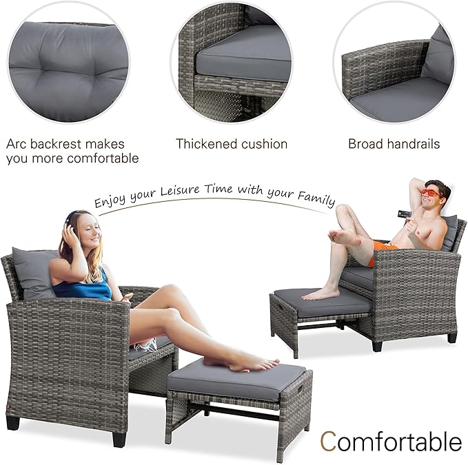 Vongrasig 5-piece garden furniture set, small balcony furniture, 2-piece PE wicker garden chairs, outdoor lounge chair with cushion ottoman and glass table suitable for porch and garden.