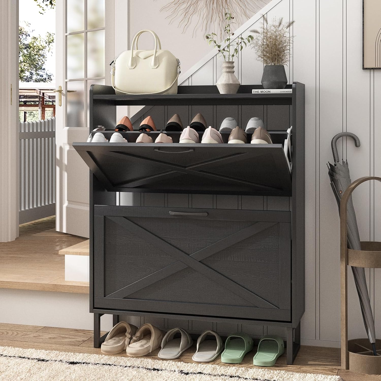 The Mauvit shoe cabinet has 2 flip-up drawers, an independent storage rack with metal legs, and a narrow entrance shoe rack cabinet.