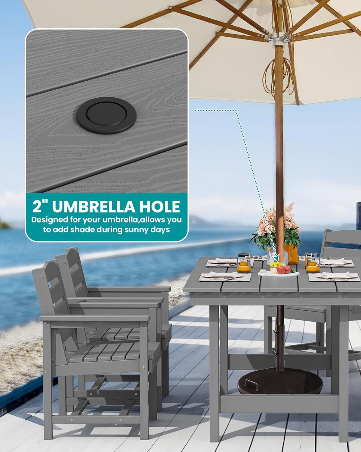SERWALL 7-piece outdoor patio dining set, outdoor HDPE dining furniture set with umbrella holes and a hollow tabletop and 6 chairs