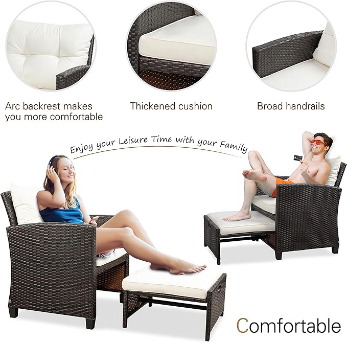 Vongrasig 5-piece garden furniture set, small balcony furniture, 2-piece PE wicker garden chairs, outdoor lounge chair with cushion ottoman and glass table suitable for porch and garden.