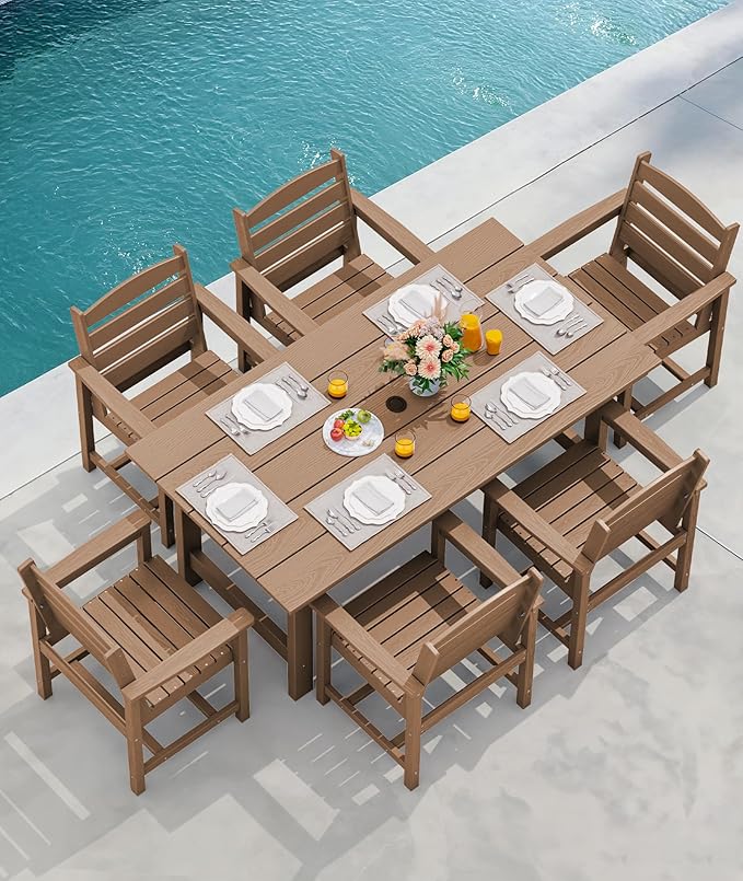 SERWALL 7-piece outdoor patio dining set, outdoor HDPE dining furniture set with umbrella holes and a hollow tabletop and 6 chairs