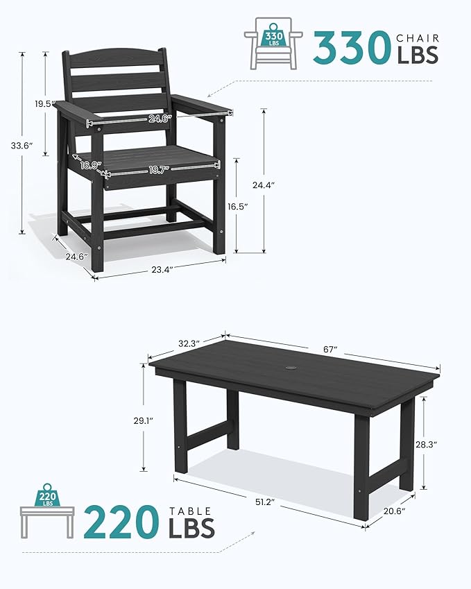 SERWALL 7-piece outdoor patio dining set, outdoor HDPE dining furniture set with umbrella holes and a hollow tabletop and 6 chairs