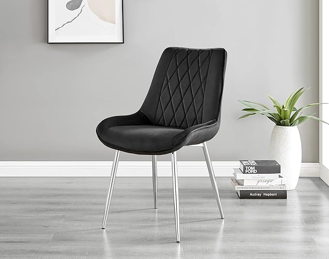 Furniturebox Dining Chair Set - 2 Pieces - Pesaro Black Velvet Silver Chrome Metal Legs Modern Luxury Restaurant Kitchen Chair